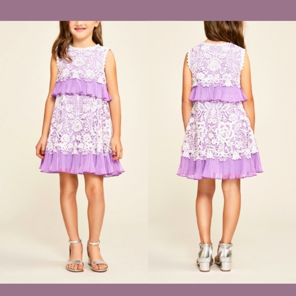 NEW $288 Tadashi Shoji Kids Erika‎ Tiered Lace Dress in Lilac [Girls SZ 8 ]